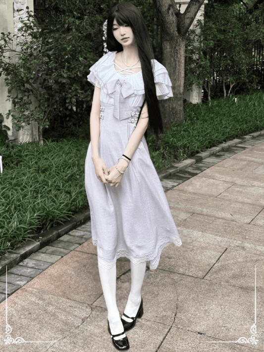 Jirai Kei Lavender Heart Buckles Waist Tiered Flounce Hem Neckline Long Version Dress with Bowtie