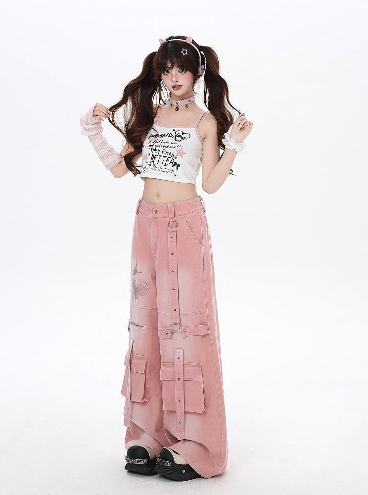 Pink Butterfly Print Strap Details Vintage Wide-Leg Cargo Jeans