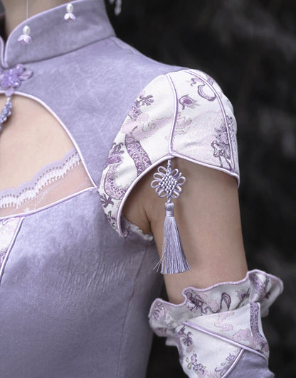 Purple Cheongsam Collar Short Sleeves Top Tassel Charm Decorated