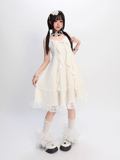 Apricot Big Bow Neckline Lace Trim Cami Dress Bubble Skirt