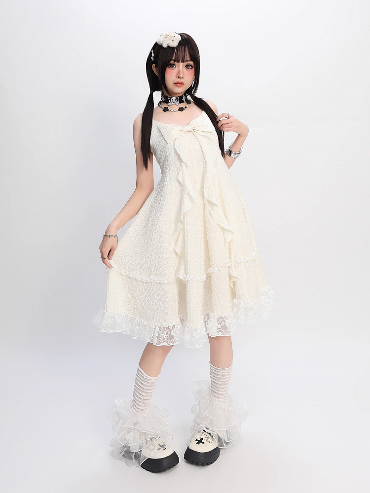 Apricot Big Bow Neckline Lace Trim Cami Dress Bubble Skirt