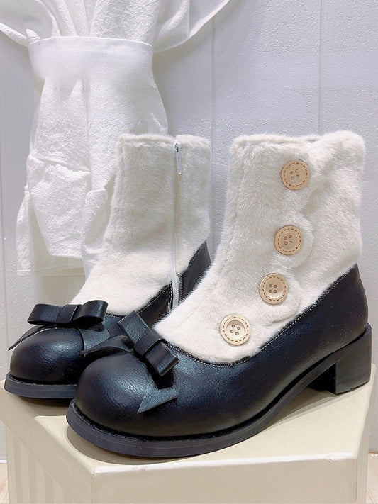Fleece Lining with Button Embellishments & Functional Inner Zip Design 4cm/6cm Black & White Winter Boots in Elegant Lolita