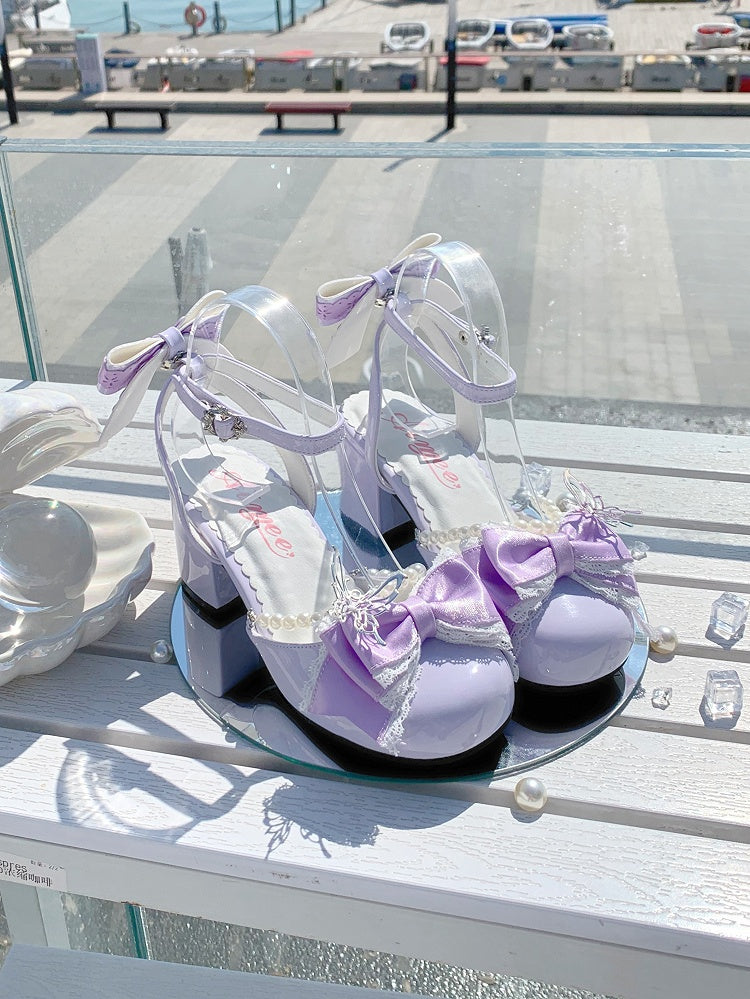 Purple Detachable Bow Accent and Bead Chain Sweet Lolita Mary Janes 6CM Block Heels