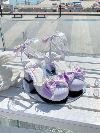 Purple Detachable Bow Accent and Bead Chain Sweet Lolita Mary Janes 6CM Block Heels