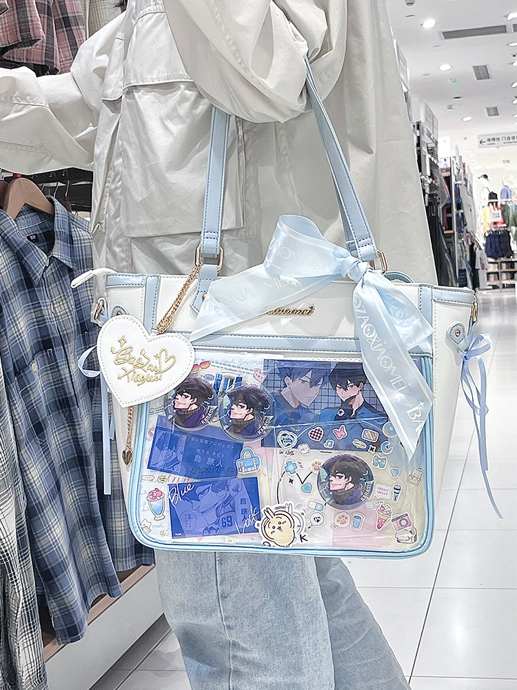 White and Blue Bowknot and Heart-shaped Charm Ita Bag