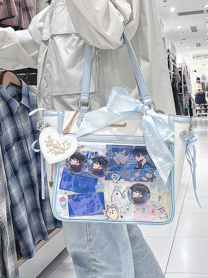 White and Blue Bowknot and Heart-shaped Charm Ita Bag