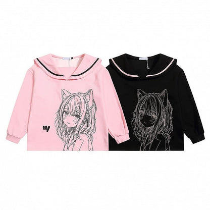 Black/Pink Sailor Collar Sweatshirt with Manga Girl Print and Ribbon Bow Back - Jirai Kei Style