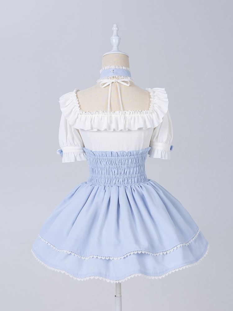 White Square Neckline with Blue Choker Halter Neck Jirai Kei Short Sleeves Blouse