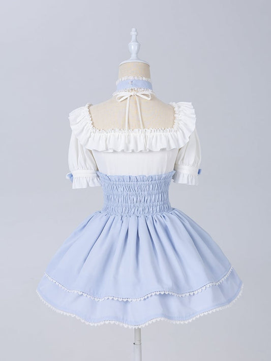 Baby Blue Jirai Kei Pompom Bows Adorned High Waist Skirt Smocked Elastic Back Waist