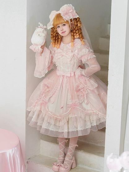 Pink Scalloped Edge Trim Overlay Skirt Princess Lolita Jumper Skirt