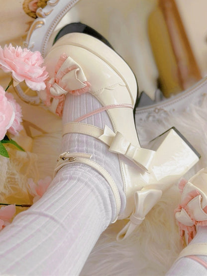 White and Pink Bow Accents Sweet High Block Heel Mary Janes Ankle Strap
