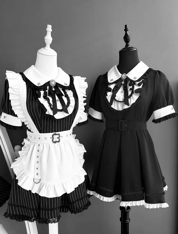 Peter Pan Collar Top with Shorts Black and White Stripes Maid Jirai Kei Set