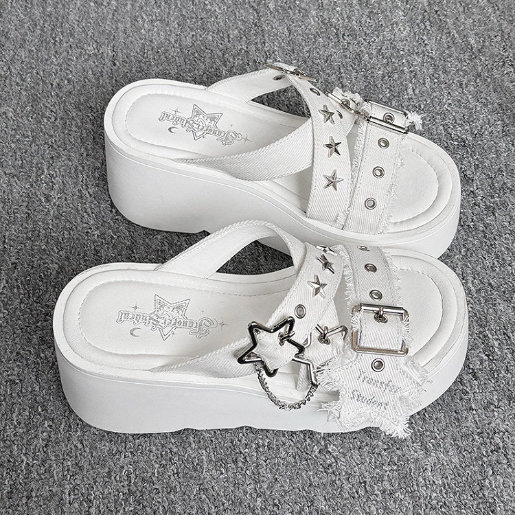 Star-shaped Buckles and Studs White Denim Punk Platform Slippers