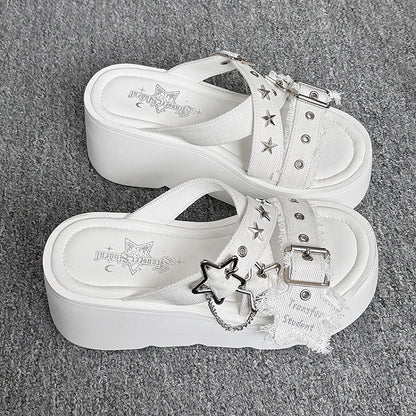 Star-shaped Buckles and Studs White Denim Punk Platform Slippers