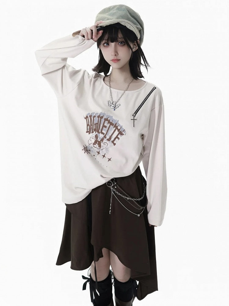 White Split-Hem Top with Cross Zipper Accent