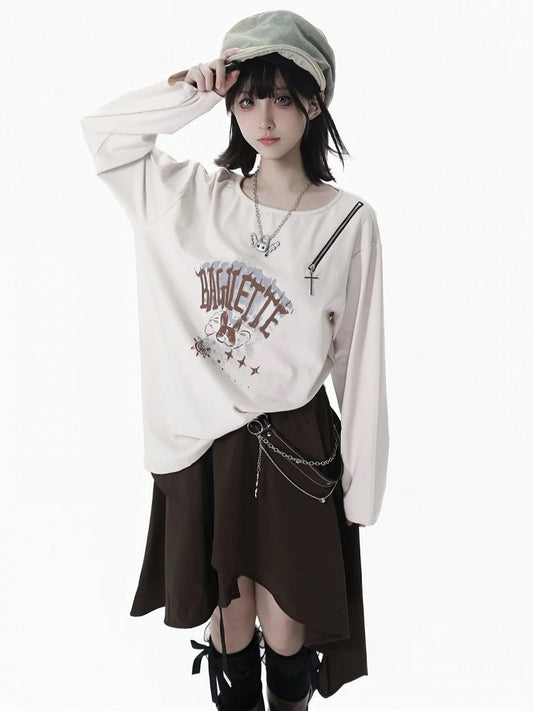 White Split-Hem Top with Cross Zipper Accent