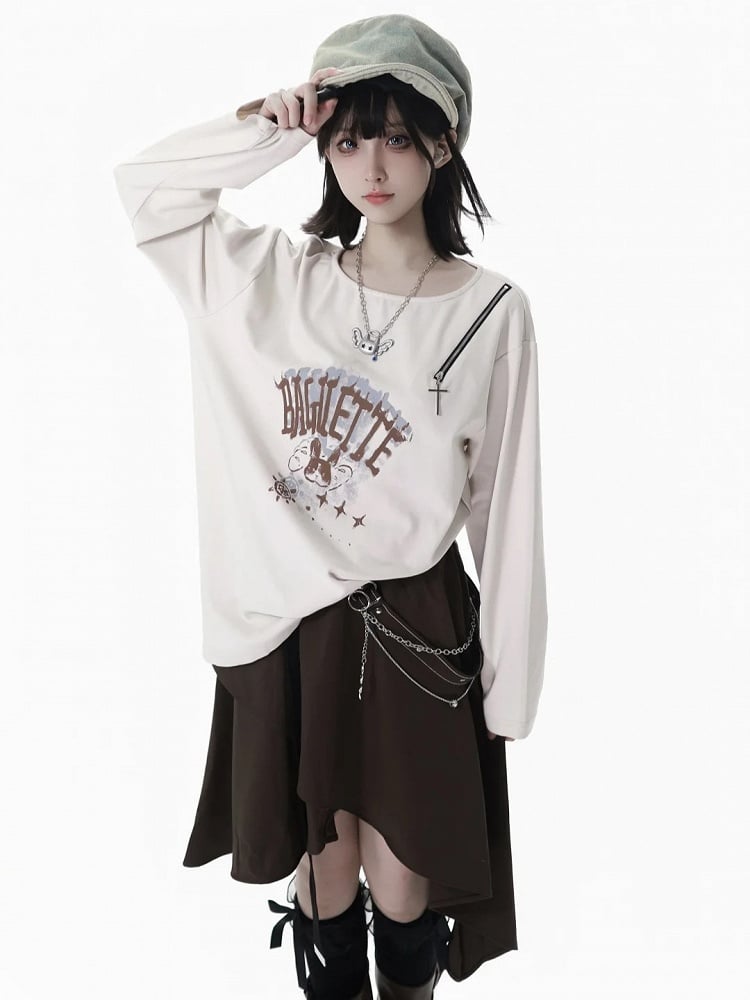 Asymmetrical Handkerchief Hem Brown Skirt with Waist Chain and Strap Accents