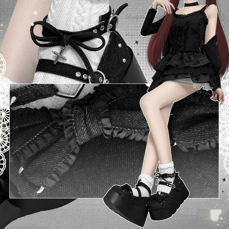 Spike Studs Bow Accents Black Cross Gothic Platforms Punk Shoes