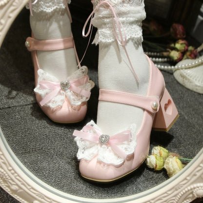 Heart-shaped Hollowed Heel Pink Elegant Mary Janes with Lace Bowknot Clips