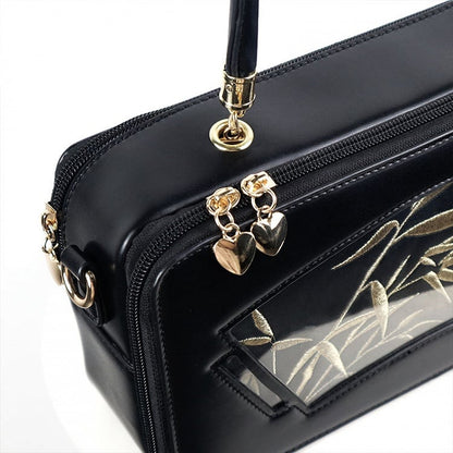 Black Embroidered Bamboo Leaf Cheongsam Style Ita Shoulder Bag with Fringe Charm