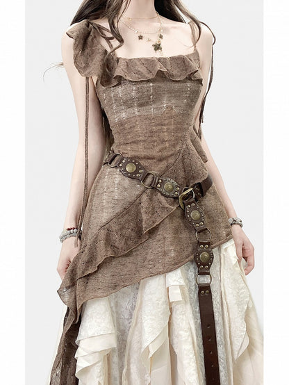 Brown Millard Fashion Asymmetrical Hem Cami Dress + Bell Sleeves Cardigan + White Asymmetrical Hem Skirt