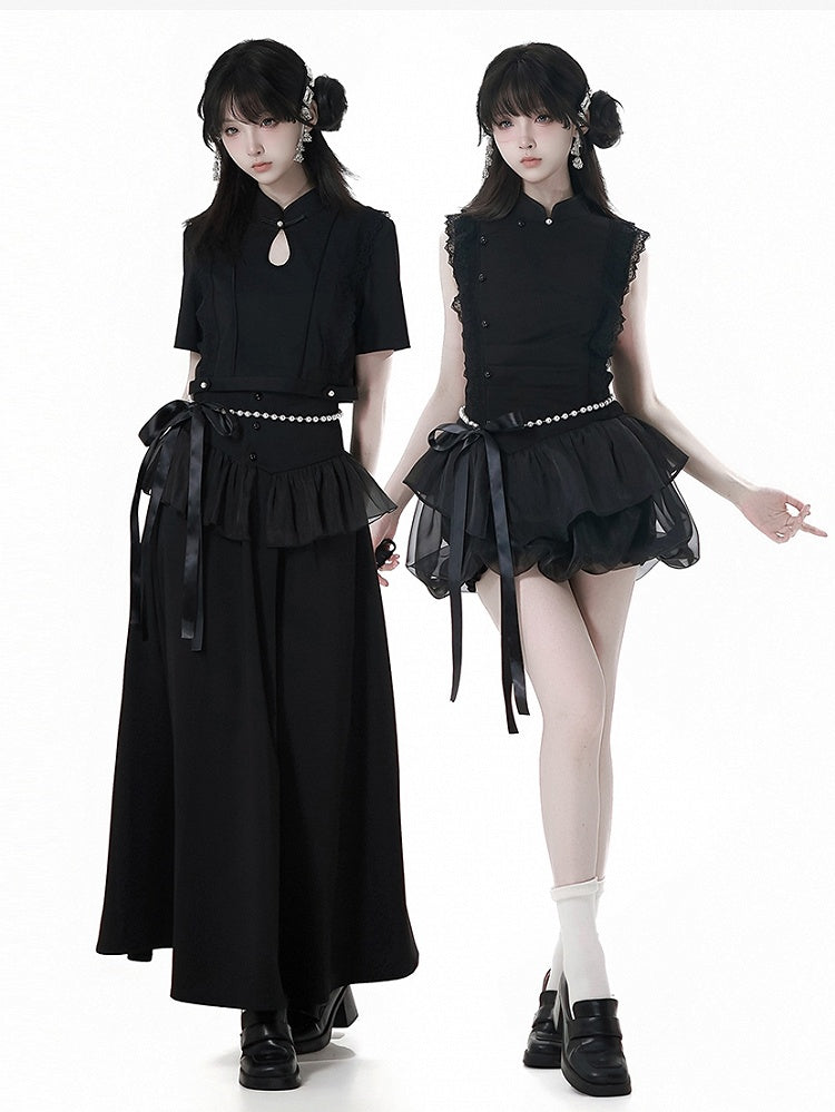 Black Cheongsam Style Long Skirt with Flounce Hem Corset Belt Set Free Beaded Waist Chain