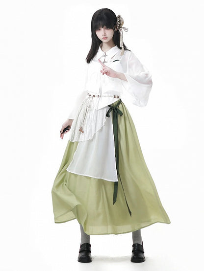 Green Cheongsam Style Elastic Waist Long Skirt with Waist Belt