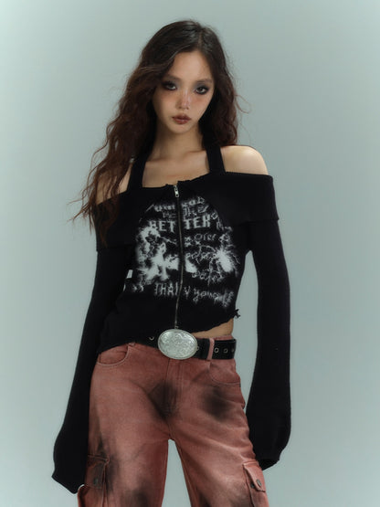 Punk Black Halter Neck Slim Fit Knit Top Cutout Shoulder