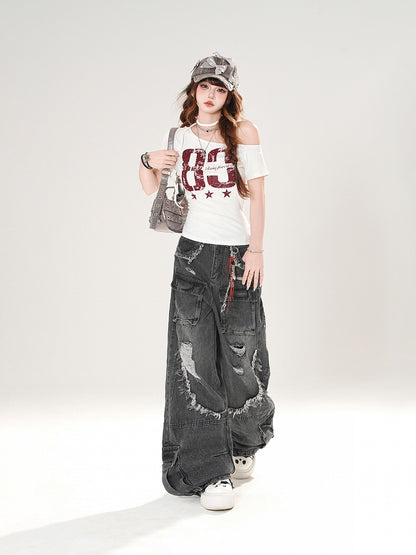 Vintage Number Print Black/White Asymmetrical Neckline T-shirt