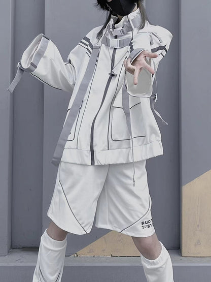 White Futuristic Cyberpunk Buckle Strap Jersey Maid Jirai Kei Full Set