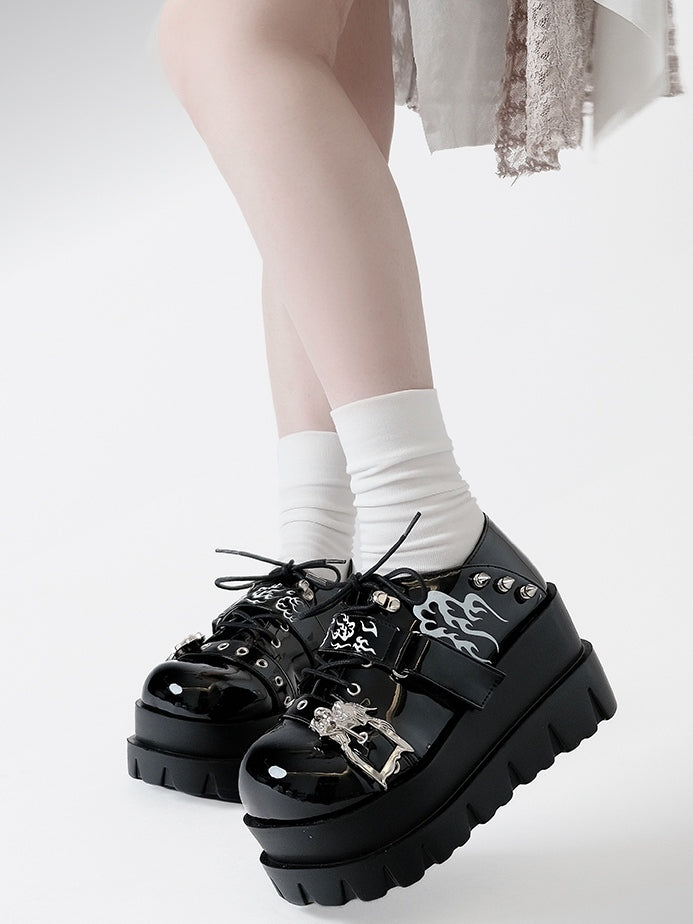 Polished Black Y2K Bittersweet Studs Details Print Design Platform Shoes