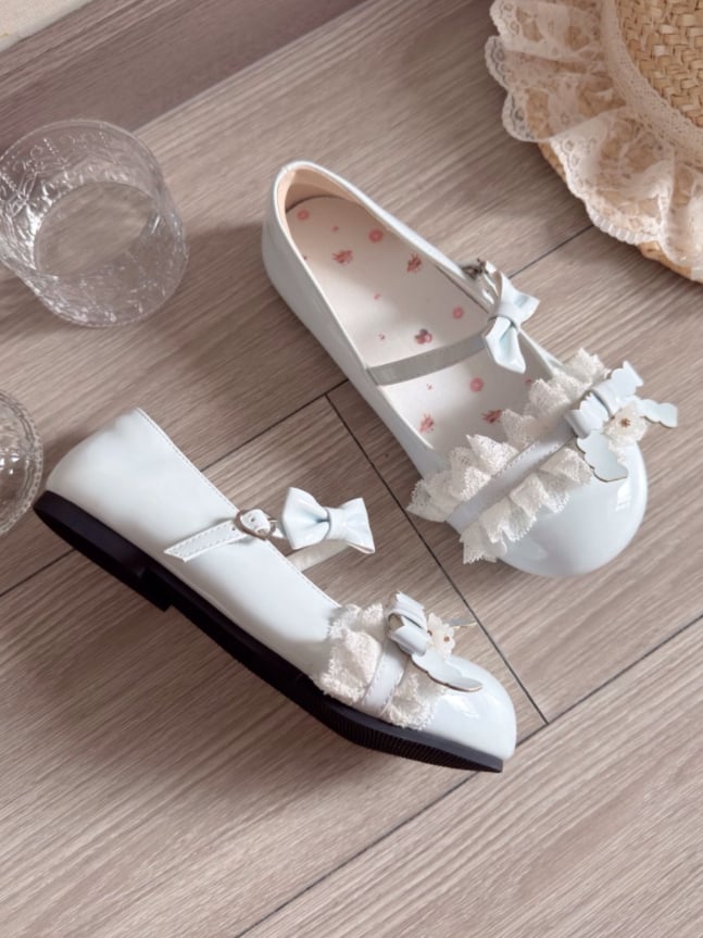 Flat Sweet Style Baby Blue Mary Janes - Ruffled Lace, Bow Decor and Heart-Shaped Snap Closure