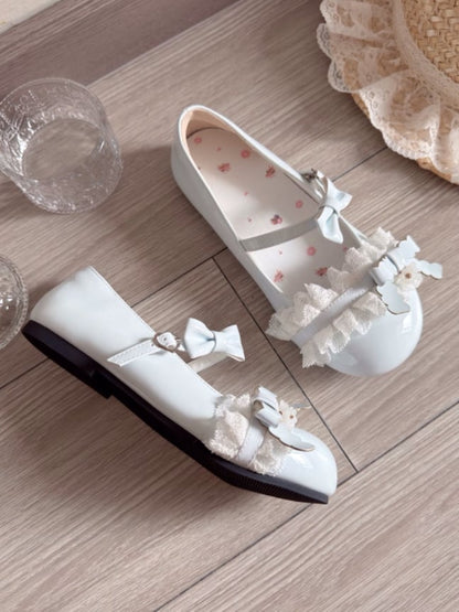 Flat Sweet Style Baby Blue Mary Janes - Ruffled Lace, Bow Decor and Heart-Shaped Snap Closure