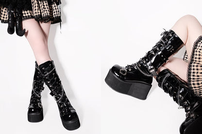 Studs Chains Metal Punk Polished Black Platform Boots