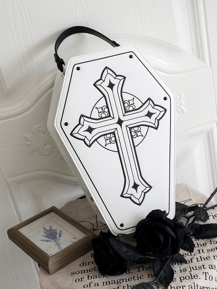 White&Black Cross Decorated Coffin-Shaped 1/6 Scale BJD Doll Bag with Two Straps