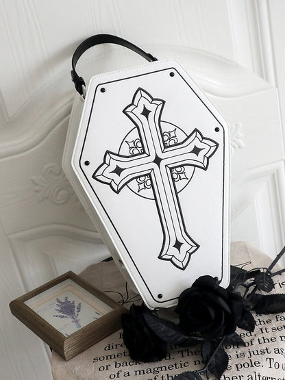 White&Black Cross Decorated Coffin-Shaped 1/6 Scale BJD Doll Bag with Two Straps