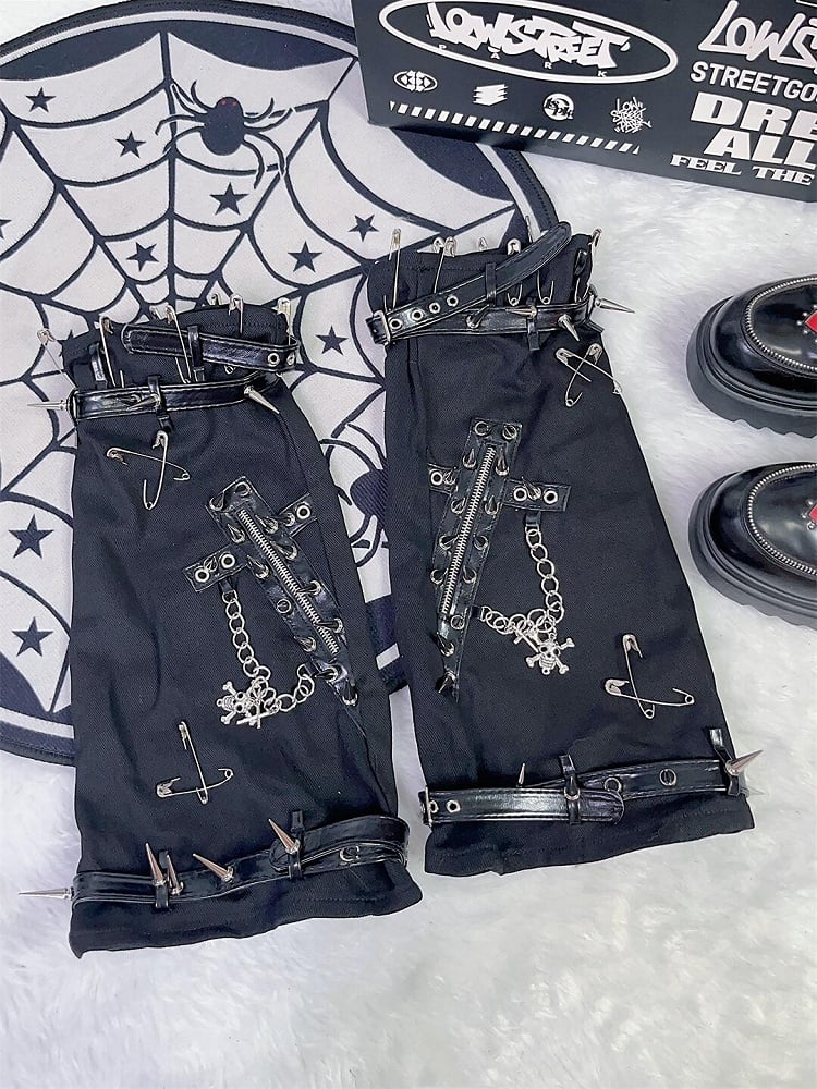 Black Rock Punk Studs And Pin Decorated Cross And Skeleton Charm Leg Warmers
