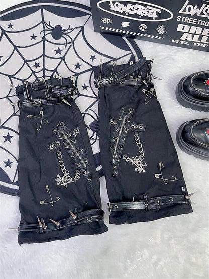 Black Rock Punk Studs And Pin Decorated Cross And Skeleton Charm Leg Warmers