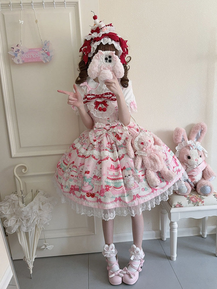 Cherry and Cakes Print Pink Sweet Lolita Dress