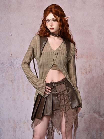 Light Coffee V-neck Wasteland Punk Slim Fit Knit Top