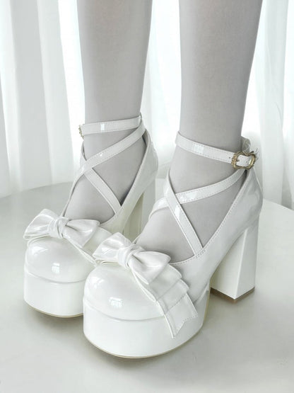 Crisscross Ankle Strap White Bow at Top 11cm High Heels