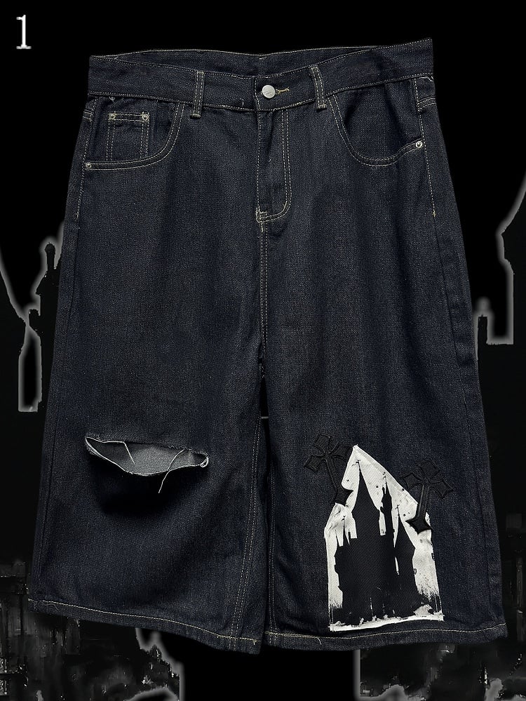 Dark Blue Y2K Cross Applique Distressed Holes Design Wide-Leg Cargo Shorts