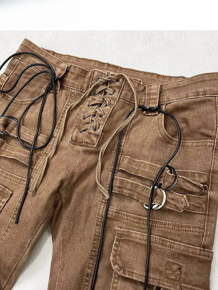 Coffee Brown Wasteland Punk Lace-up Detail Flare Silhouette Jeans
