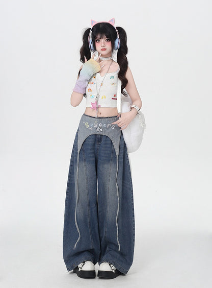 Blue Low Waist Wide-leg Jeans with Letter Embroidery Waist Accessory