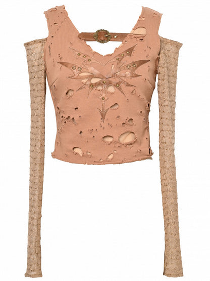 Wasteland Punk Light Brown Studs Decorated Buckle Accents Cutout Shoulder Top