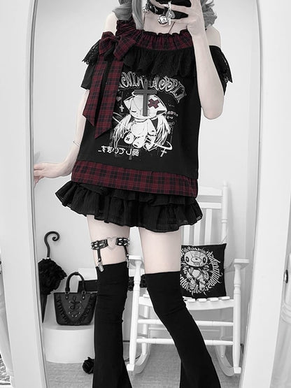 Yami Kawaii Angel Kitten Print Off-the-shoulder Neckline Black and Red Plaid T-Shirt
