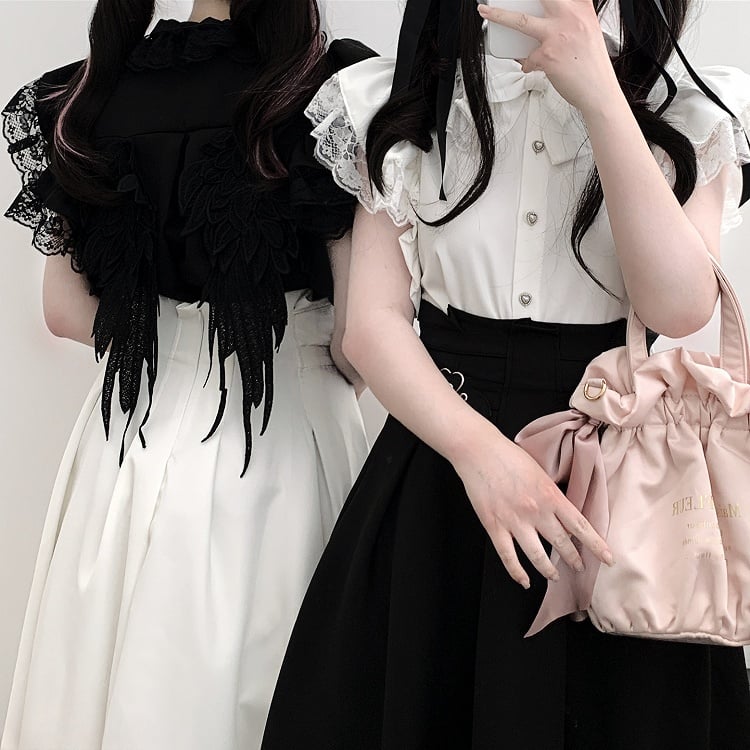 Clearance-Free Size for Bust 104CM Black Lace Trim Jirai Kei Flutter Sleeves Blouse with Back Wings