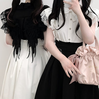 Clearance-Free Size for Bust 104CM Black Lace Trim Jirai Kei Flutter Sleeves Blouse with Back Wings