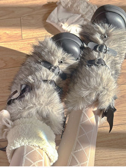 Black/Coffee/Pink/White Heart-shaped Buckle Bow Shaggy Boots