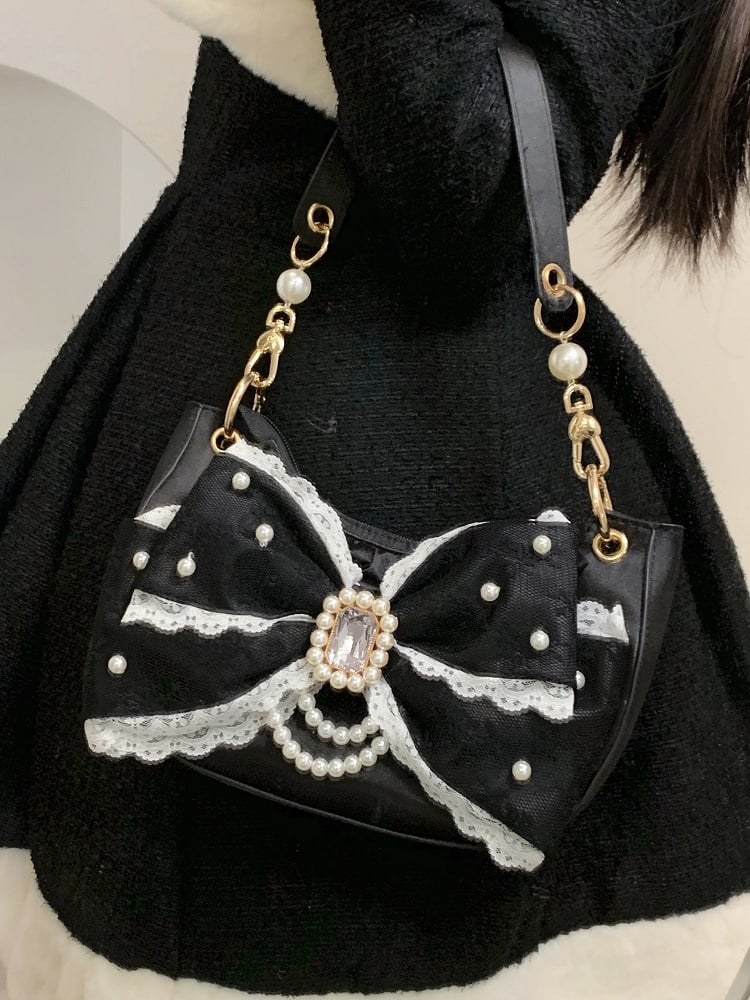 Beads & Rhinestone Decor Bow Accent Satin Black Shoulder Bag in Sweet Lolita